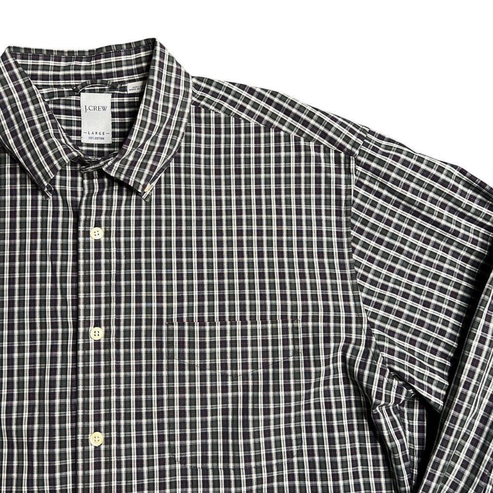 J.Crew Plaid Button Up Shirt Men's Large Navy Green White Cotton Long Sleeve